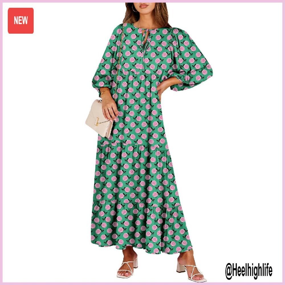 Boho Maxi Dress V Neck Puff Sleeve Flowy Swing Casual Long Dress